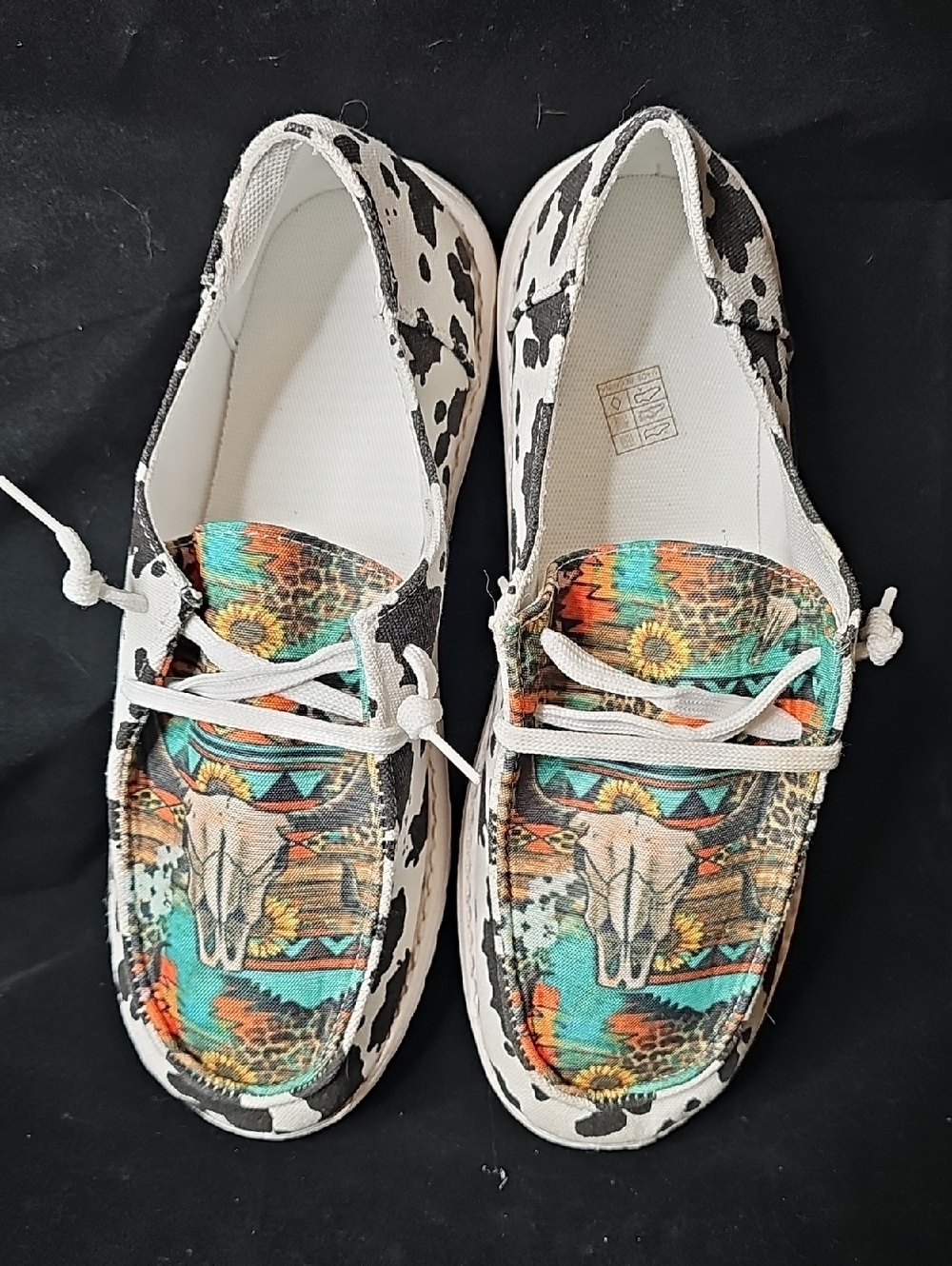 Cow Print Canvas Slip-On Sneakers with Turquoise Western Accent - Picture 2 of 4